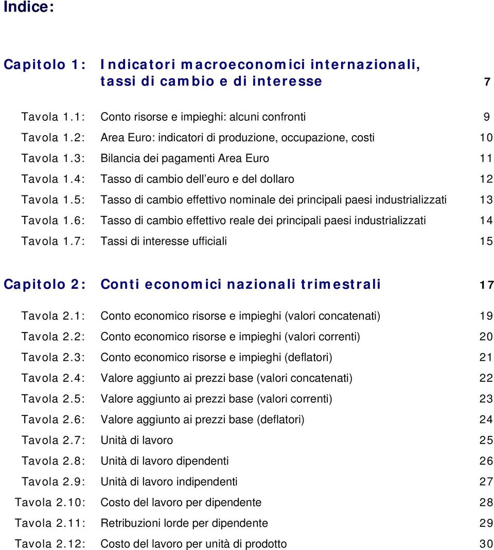 5: Tasso di cambio effettivo nominale dei principali paesi industrializzati 13 Tavola 1.6: Tasso di cambio effettivo reale dei principali paesi industrializzati 14 Tavola 1.