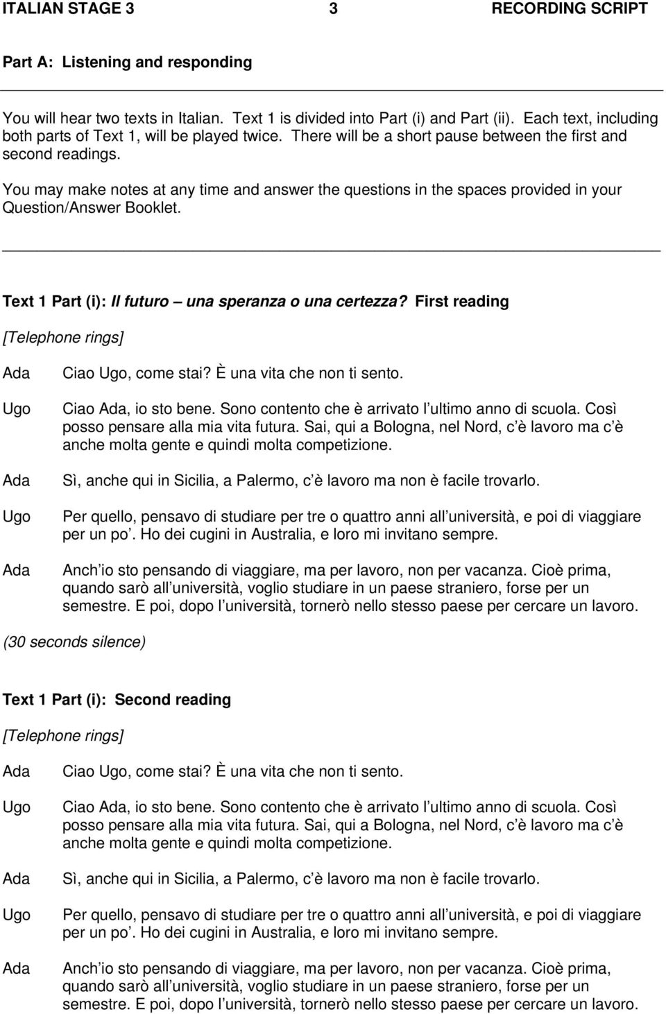 You may make notes at any time and answer the questions in the spaces provided in your Question/Answer Booklet. Text 1 Part (i): Il futuro una speranza o una certezza?