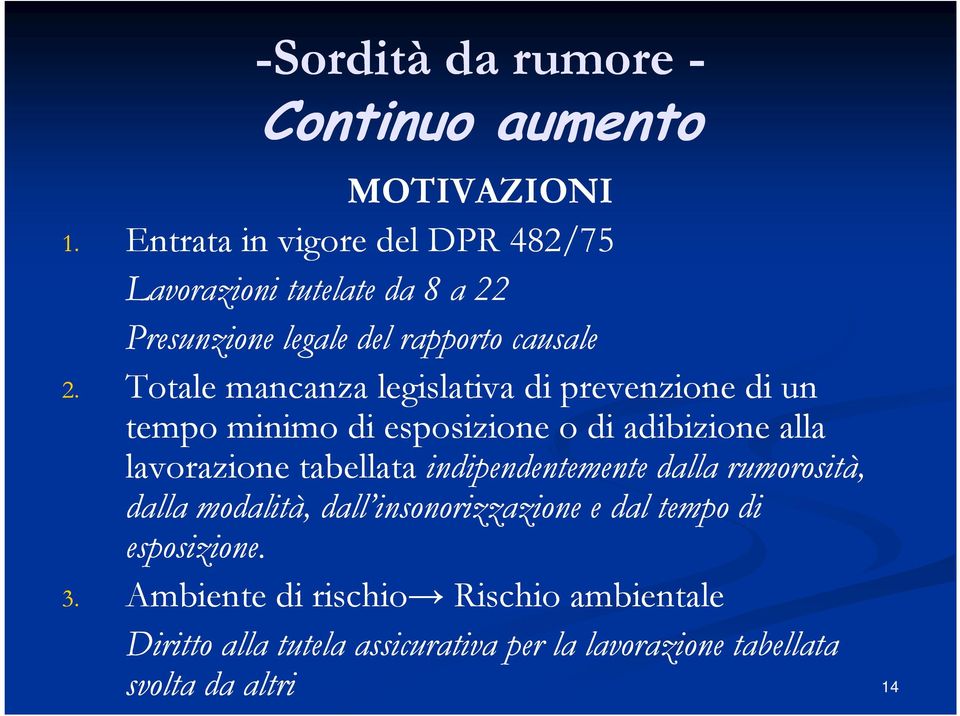 Totale mancanza legislativa di prevenzione di un tempo minimo di esposizione o di adibizione alla lavorazione tabellata