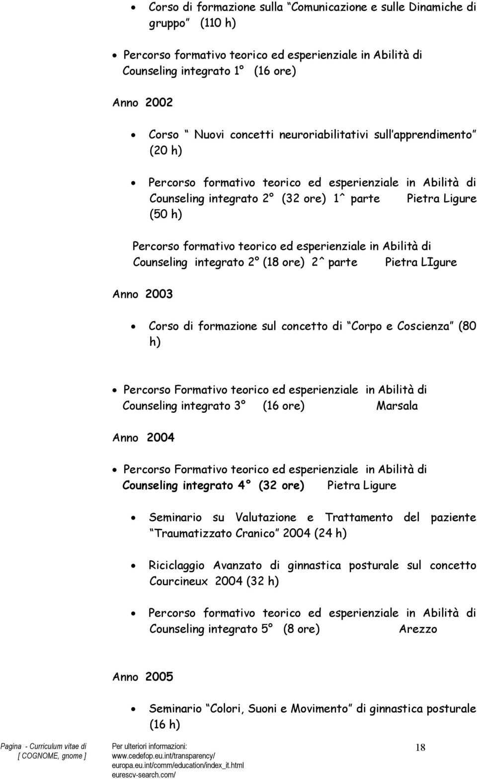 esperienziale in Abilità di Counseling integrato 2 (18 ore) 2^ parte Pietra LIgure Anno 2003 Corso di formazione sul concetto di Corpo e Coscienza (80 h) Percorso Formativo teorico ed esperienziale