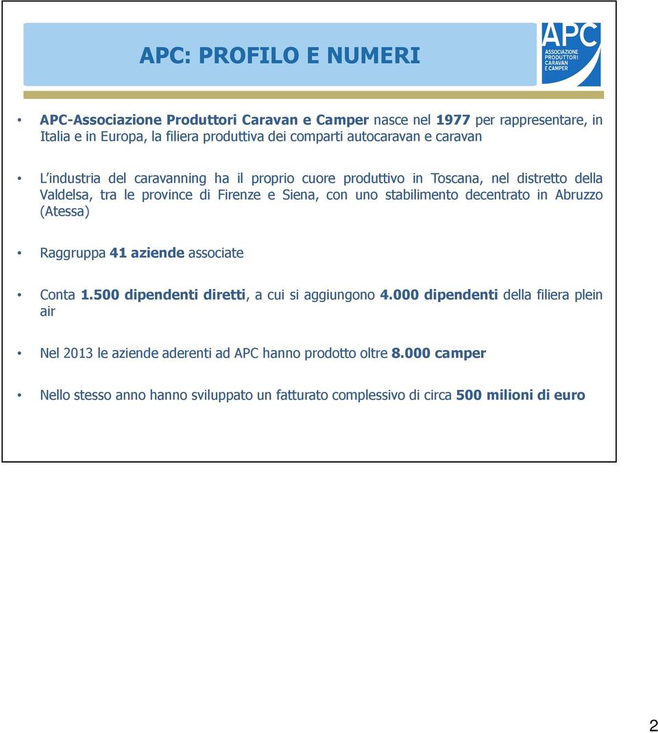 uno stabilimento decentrato in Abruzzo (Atessa) Raggruppa 41 aziende associate Conta 1.500 dipendenti diretti, a cui si aggiungono 4.