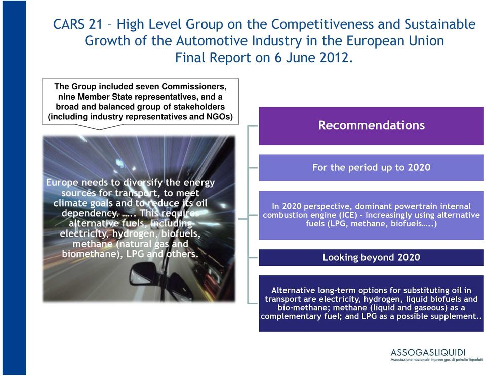 Recommendations For the period up to 2020 In 2020 perspective, dominant powertrain internal combustion engine (ICE) - increasingly using alternative fuels (LPG, methane, biofuels.