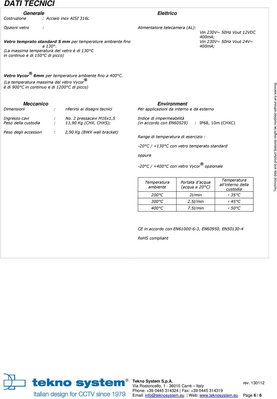 per temperature ambiente fino a 400 C. (La temperatura massima del vetro Vycor è di 900 C in continuo e di 1200 C di picco) Meccanico Dimensioni : riferirsi ai disegni tecnici Ingresso cavi : No.