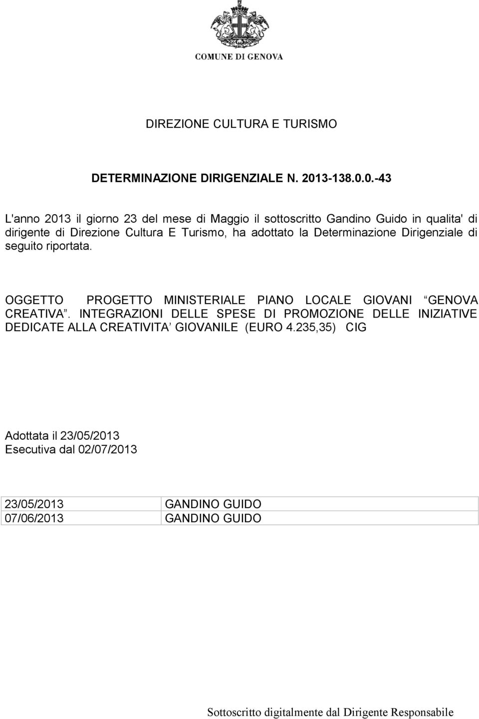 0.-43 L'anno 2013 il giorno 23 del mese di Maggio il sottoscritto Gandino Guido in qualita' di dirigente di Direzione Cultura E Turismo,