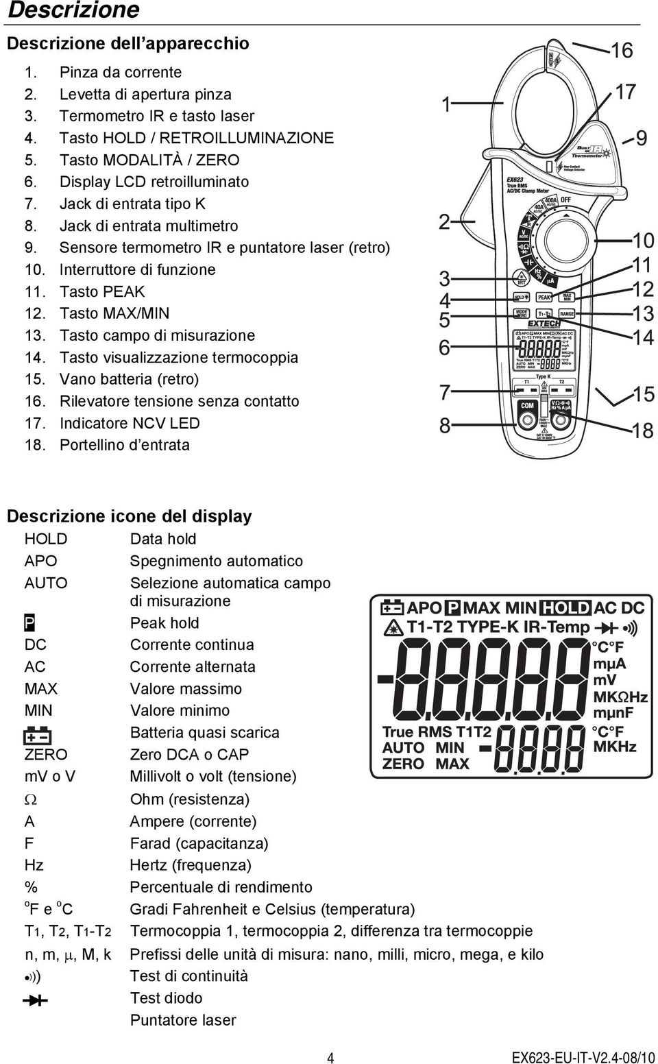 Tasto campo di misurazione 14. Tasto visualizzazione termocoppia 15. Vano batteria (retro) 16. Rilevatore tensione senza contatto 17. Indicatore NCV LED 18.
