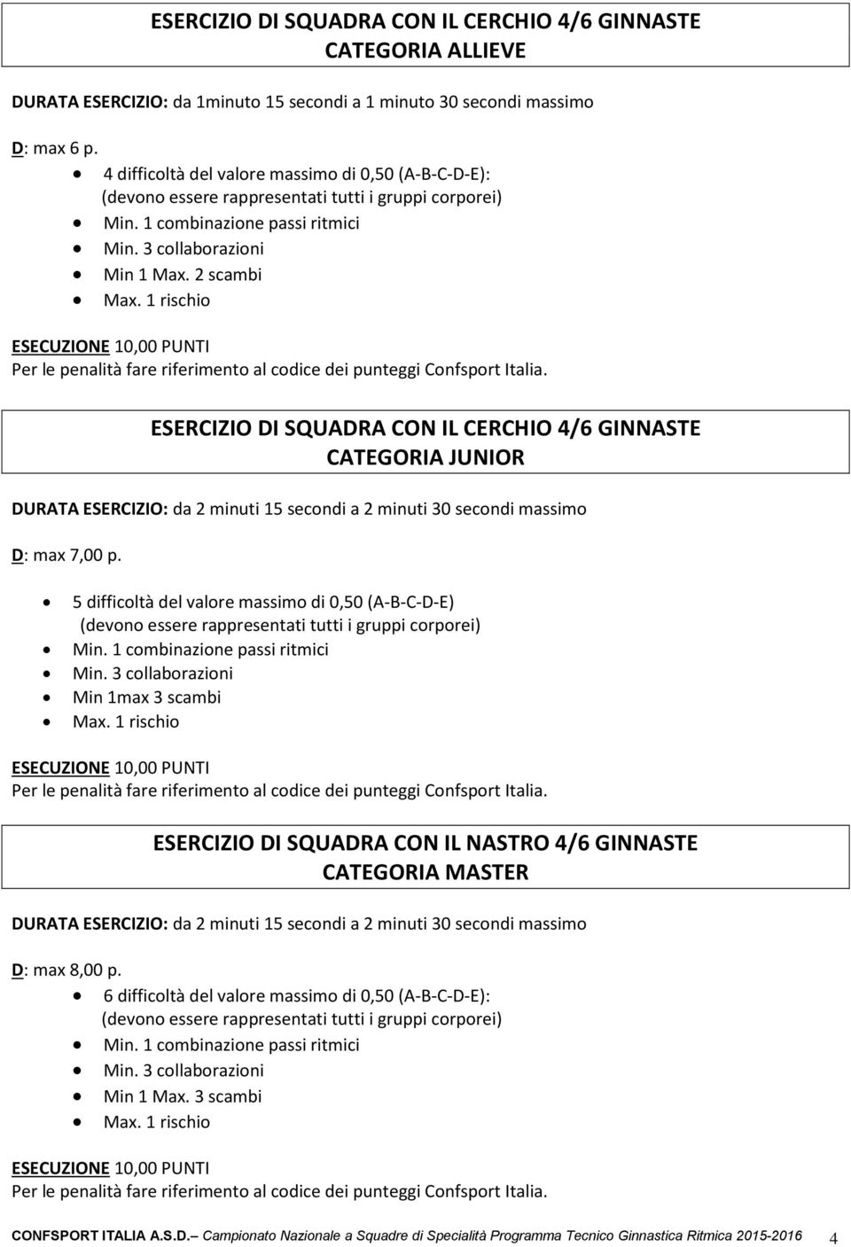 5 difficoltà del valore massimo di 0,50 (A-B-C-D-E) Min 1max 3 scambi ESERCIZIO DI SQUADRA CON IL NASTRO 4/6 GINNASTE CATEGORIA MASTER D: max 8,00 p.