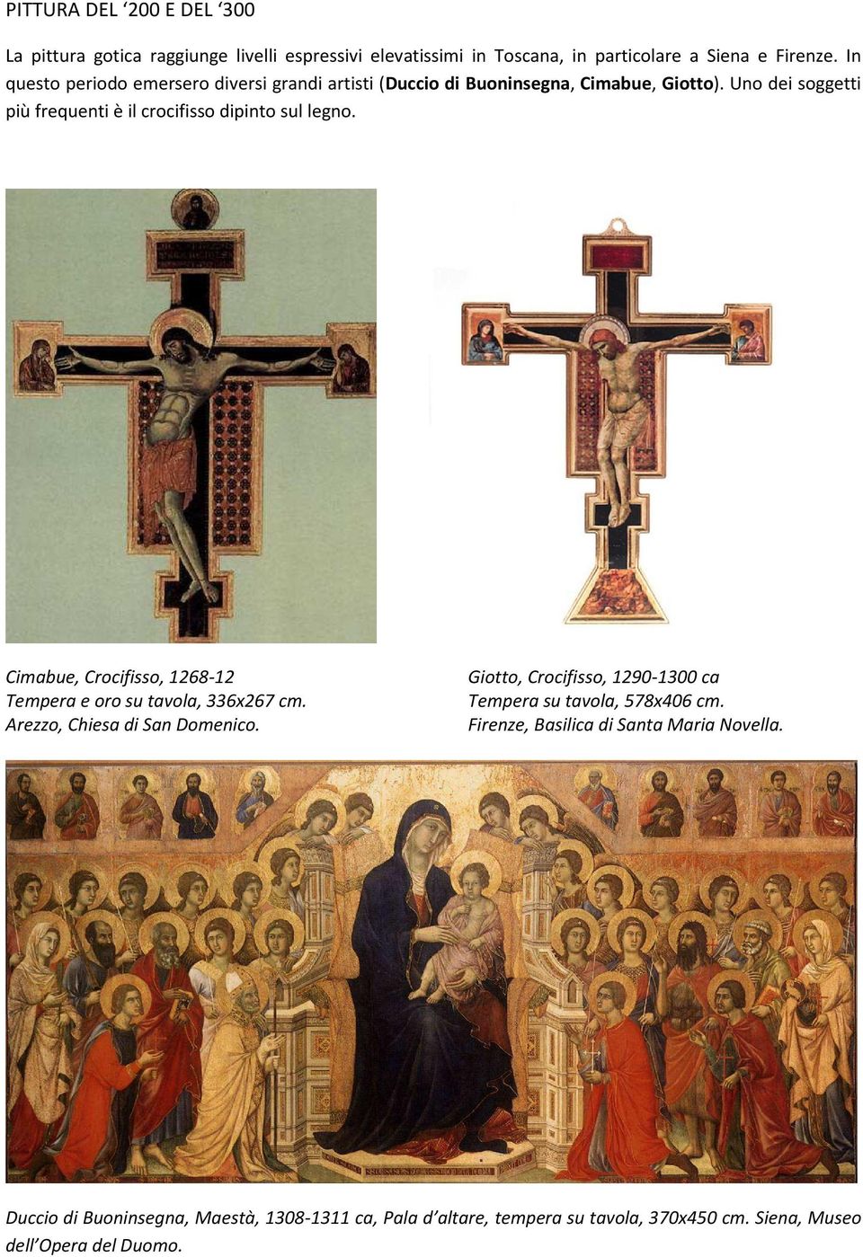 Uno dei soggetti più frequenti è il crocifisso dipinto sul legno. Cimabue, Crocifisso, 1268-12 Tempera e oro su tavola, 336x267 cm.
