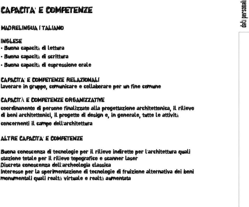 il progetto di design e, in generale, tutte le attività concernenti il campo dell architettura ALTRE CAPACITA E COMPETENZE Buona conoscenza di tecnologie per il rilievo indiretto per l architettura