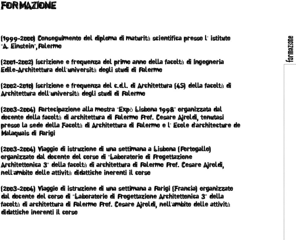 del c.d.l. di Architettura (4S) della facoltà di Architettura dell università degli studi di Palermo (2003-2004) Partecipazione alla mostra Expò Lisbona 1998 organizzata dal docente della facoltà di