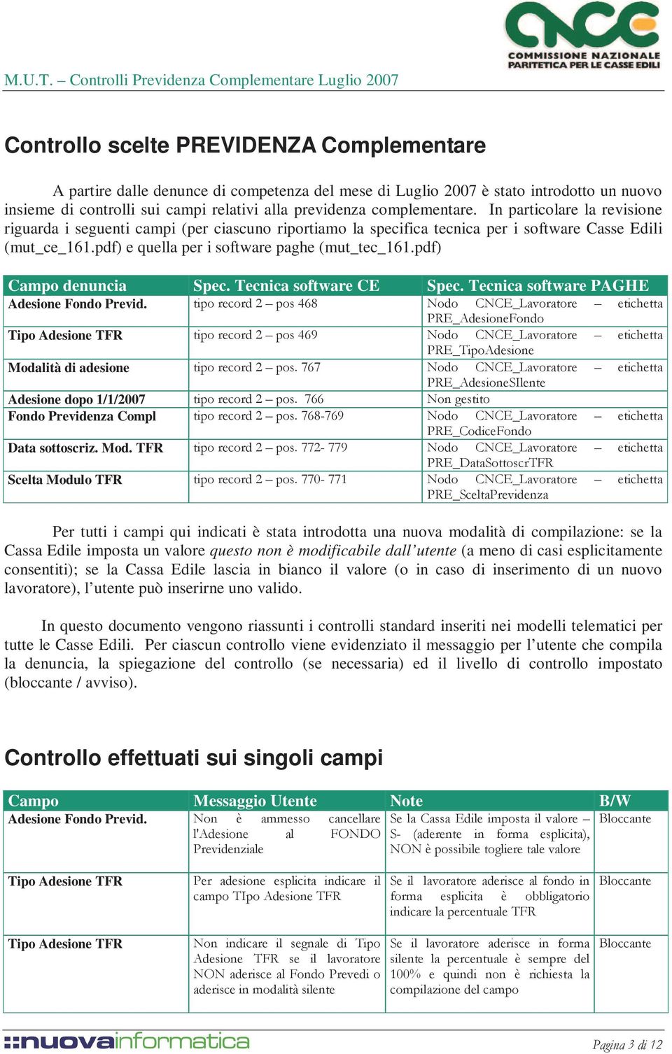 pdf) e quella per i software paghe (mut_tec_161.pdf) Campo denuncia Spec. Tecnica software CE Spec. Tecnica software PAGHE Adesione Fondo Previd.