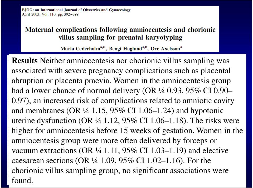 15, 95% CI 1.06 1.24) and hypotonic uterine dysfunction (OR ¼ 1.12, 95% CI 1.06 1.18). The risks were higher for amniocentesis before 15 weeks of gestation.