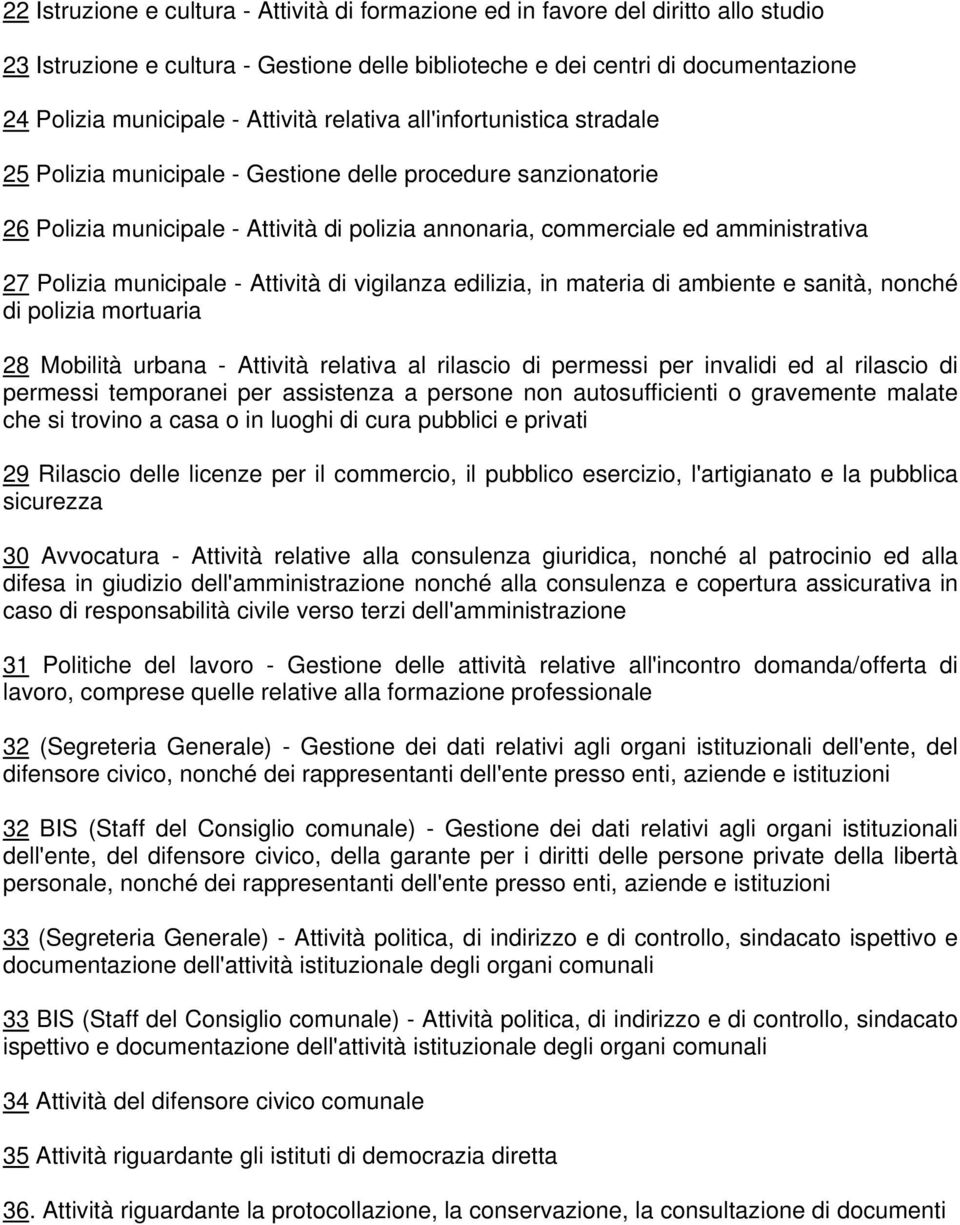 Polizia municipale - Attività di vigilanza edilizia, in materia di ambiente e sanità, nonché di polizia mortuaria 28 Mobilità urbana - Attività relativa al rilascio di permessi per invalidi ed al