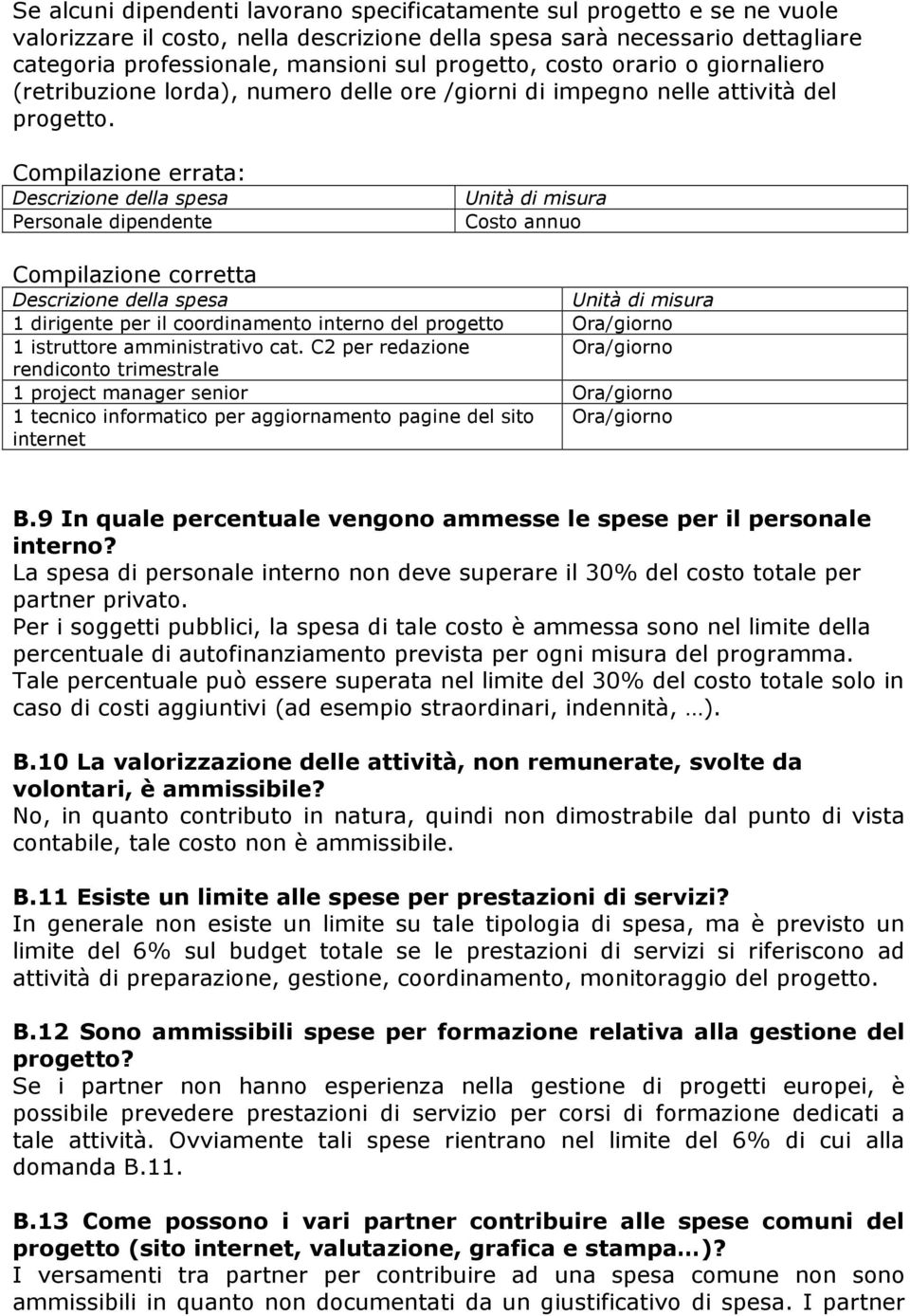 Compilazione errata: Descrizione della spesa Personale dipendente Unità di misura Costo annuo Compilazione corretta Descrizione della spesa Unità di misura 1 dirigente per il coordinamento interno