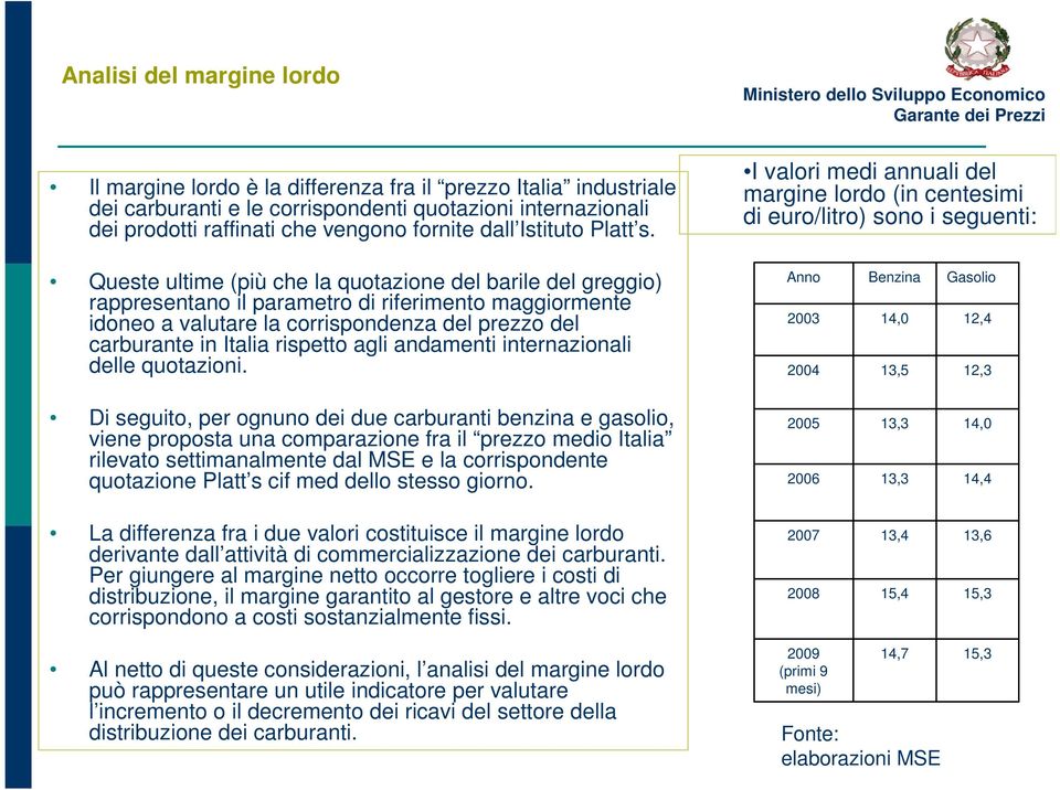 I valori medi annuali del margine lordo (in centesimi di euro/litro) sono i seguenti: Queste ultime (più che la quotazione del barile del greggio) rappresentano il parametro di riferimento