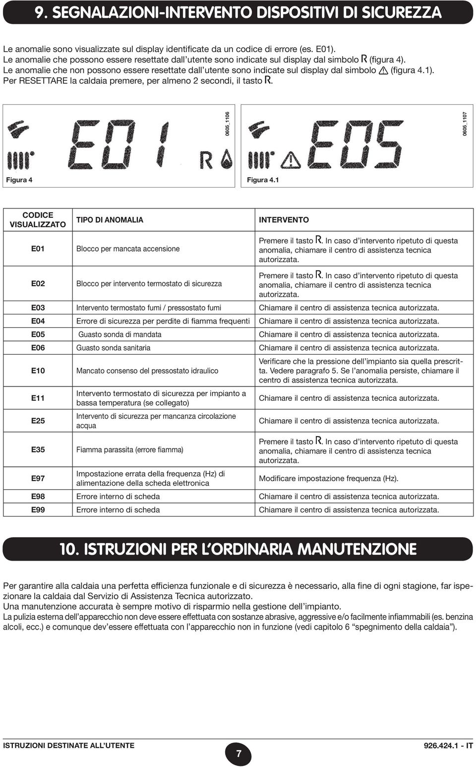 Le anomalie che non possono essere resettate dall utente sono indicate sul display dal simbolo (figura 4.1). Per RESETTARE la caldaia premere, per almeno 2 secondi, il tasto.