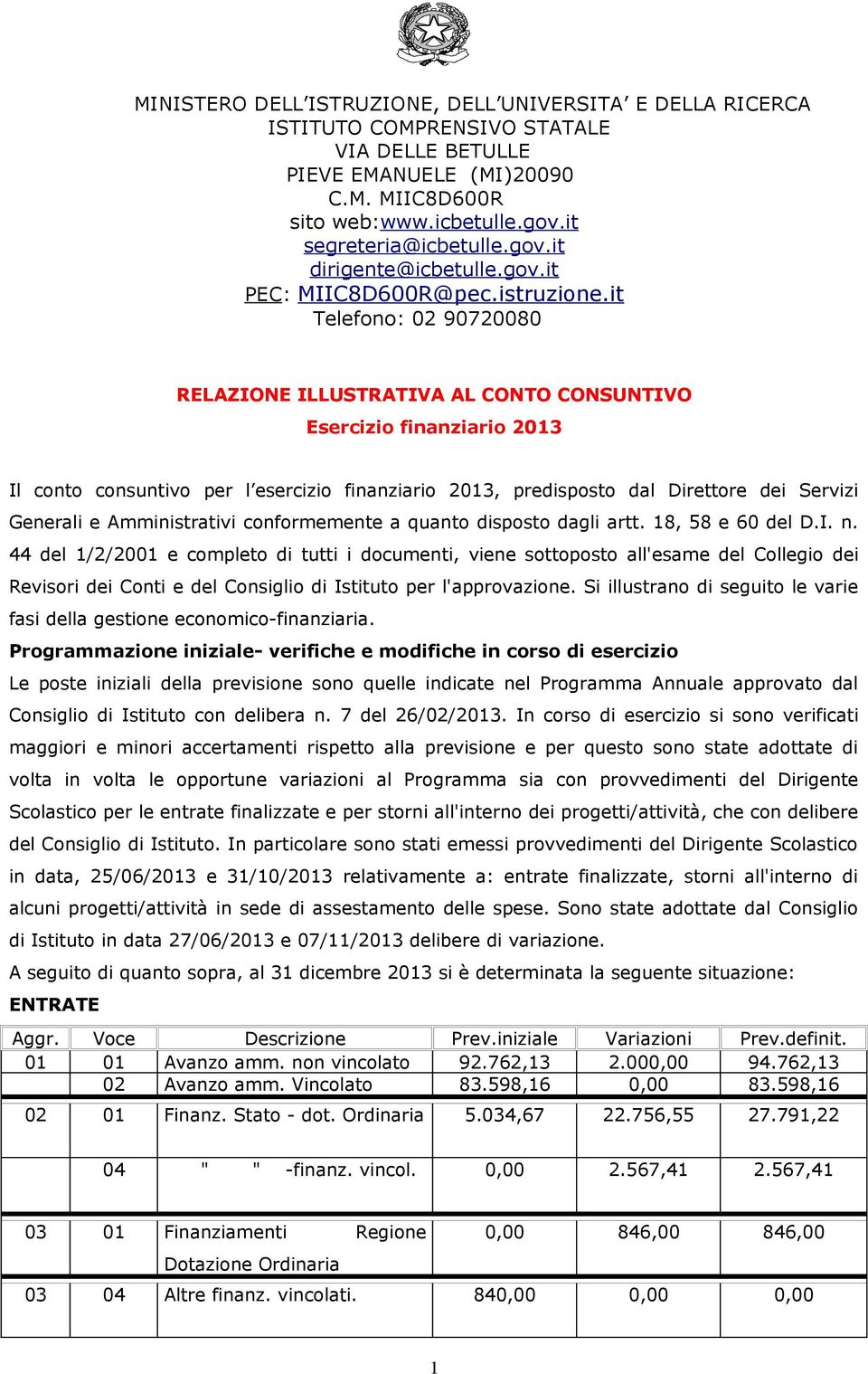 it Telefono: 02 90720080 RELAZIONE ILLUSTRATIVA AL CONTO CONSUNTIVO Esercizio finanziario 2013 Il conto consuntivo per l esercizio finanziario 2013, predisposto dal Direttore dei Servizi Generali e