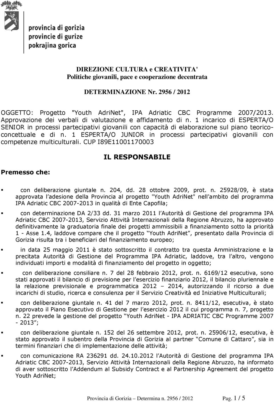 1 ESPERTA/O JUNIOR in processi partecipativi giovanili con competenze multiculturali. CUP I89E11001170003 Premesso che: IL RESPONSABILE con deliberazione giuntale n.