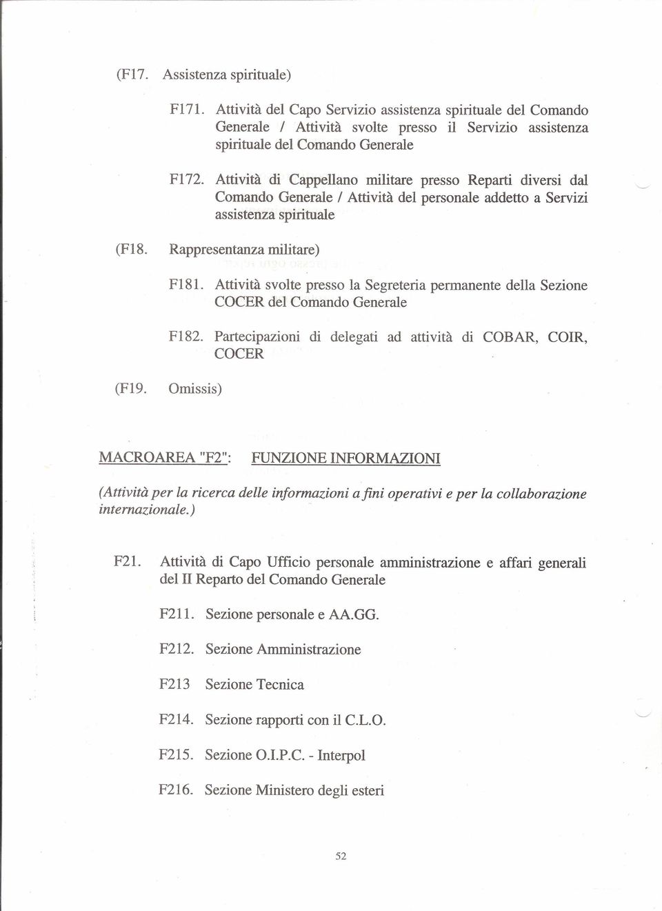 Attività svolte presso la Segreteria permanente della Sezione COCER del Comando Generale F182.