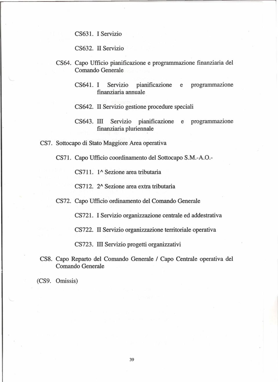 Capo Ufficio coordinamento del Sottocapo S.M.-A.O.- CS711. CS712. l" Sezione area tributaria 2" Sezione area extra tributaria CS72. Capo Ufficio ordinamento del Comando Generale CS721. CS722. CS723.