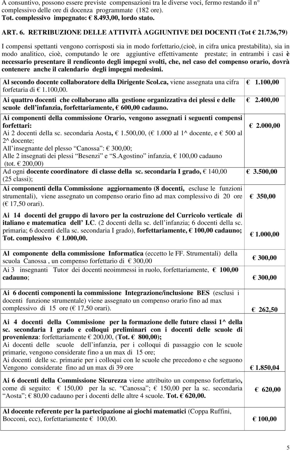 736,79) I compensi spettanti vengono corrisposti sia in modo forfettario,(cioè, in cifra unica prestabilita), sia in modo analitico, cioè, computando le ore aggiuntive effettivamente prestate; in