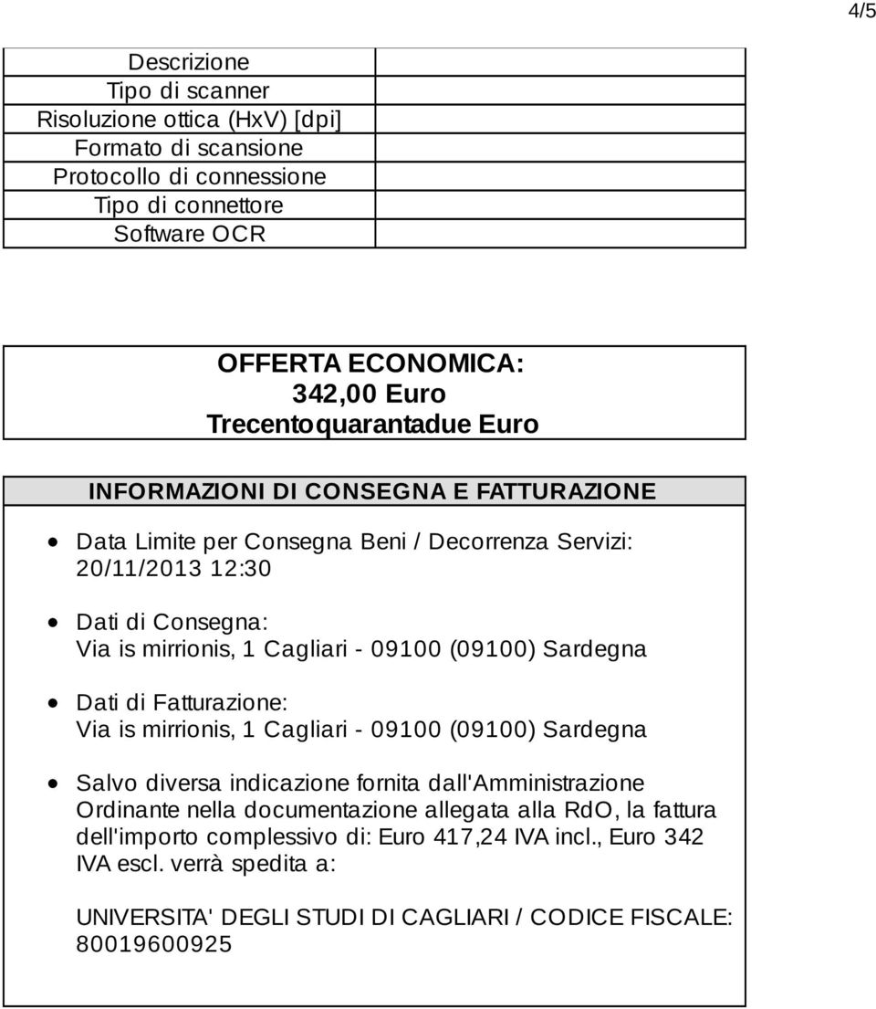 Cagliari - 09100 (09100) Sardegna Dati di Fatturazione: Via is mirrionis, 1 Cagliari - 09100 (09100) Sardegna Salvo diversa indicazione fornita dall'amministrazione Ordinante