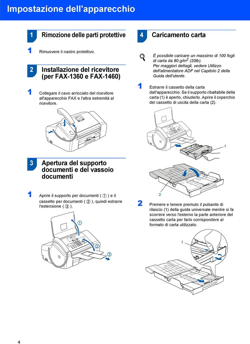 È possibile caricare un massimo di 00 fogli di carta da 80 g/m 2 (20lb). Per maggiori dettagli, vedere Utilizzo dell'alimentatore ADF nel Capitolo 2 della Guida dell'utente.