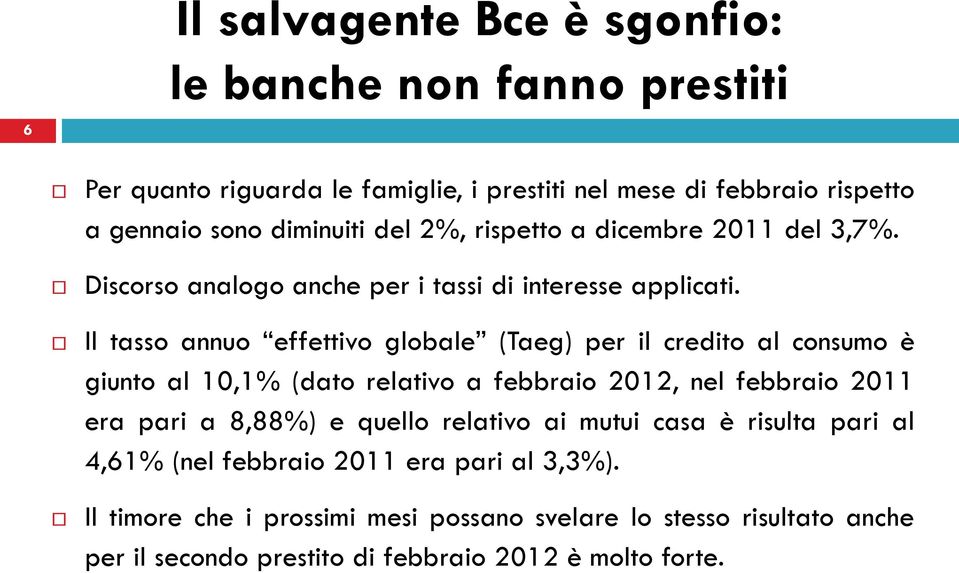 Il tasso annuo effettivo globale (Taeg) per il credito al consumo è giunto al 10,1% (dato relativo a febbraio 2012, nel febbraio 2011 era pari