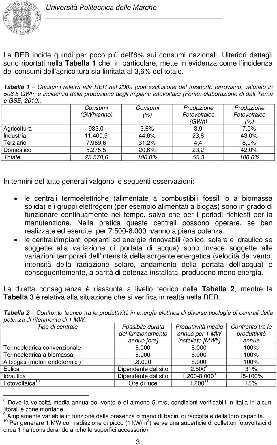 Tabella 1 Consumi relativi alla RER nel 2009 (con esclusione del trasporto ferroviario, valutato in 506,5 GWh) e incidenza della produzione degli impianti fotovoltaici (Fonte: elaborazione di dati