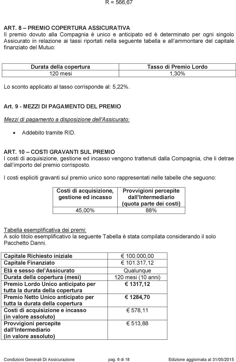 ammontare del capitale finanziato del Mutuo: Durata della copertura Tasso di Premio Lordo 120 mesi 1,30% Lo sconto applicato al tasso corrisponde al: 5,22%. Art.