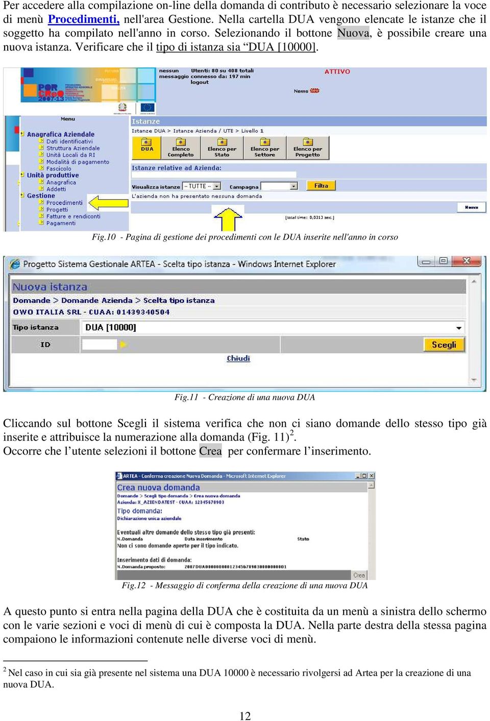 Verificare che il tipo di istanza sia DUA [10000]. Fig.10 - Pagina di gestione dei procedimenti con le DUA inserite nell'anno in corso Fig.