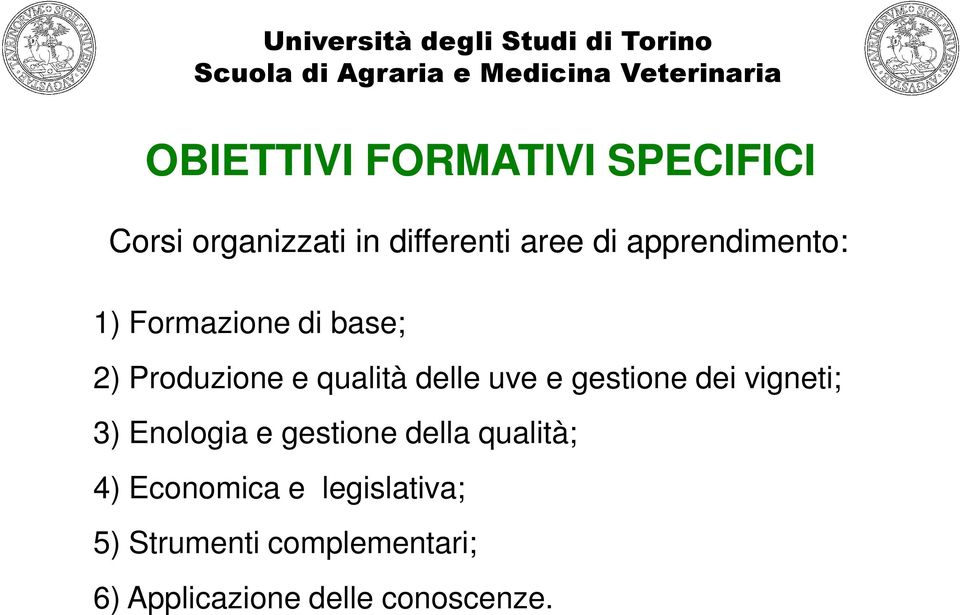 gestione dei vigneti; 3) Enologia e gestione della qualità; 4) Economica