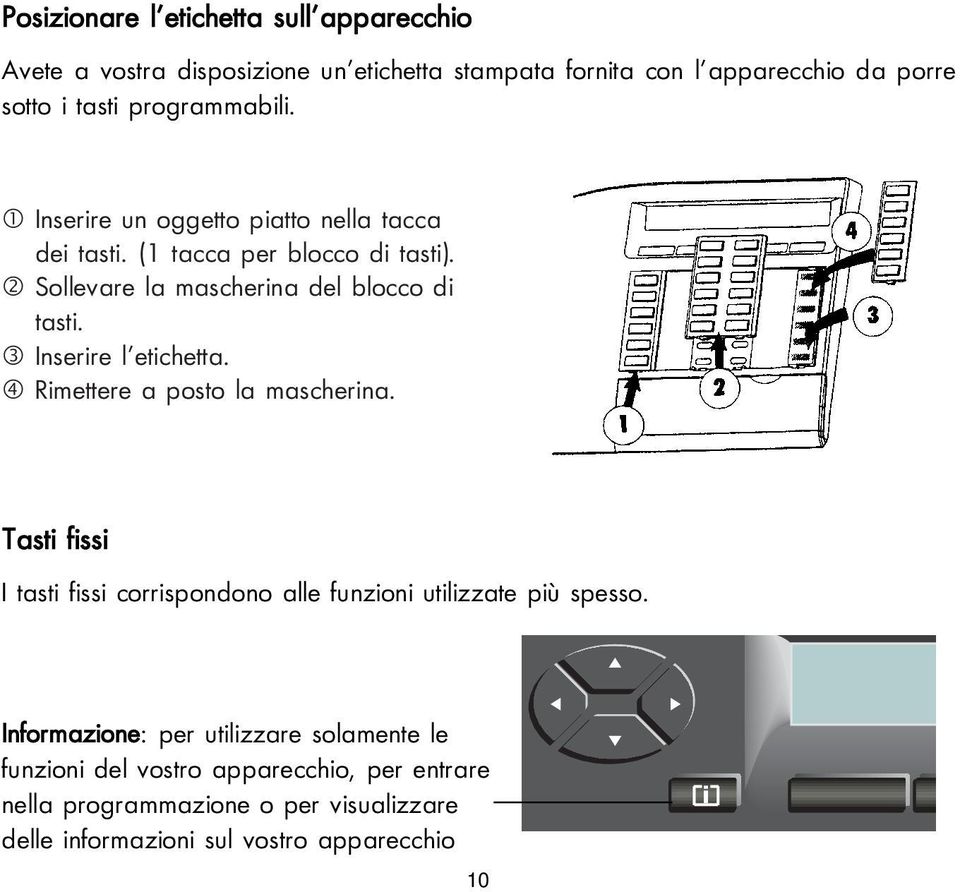 ƒ Inserire l etichetta. Rimettere a posto la mascherina. Tasti fissi I tasti fissi corrispondono alle funzioni utilizzate più spesso.