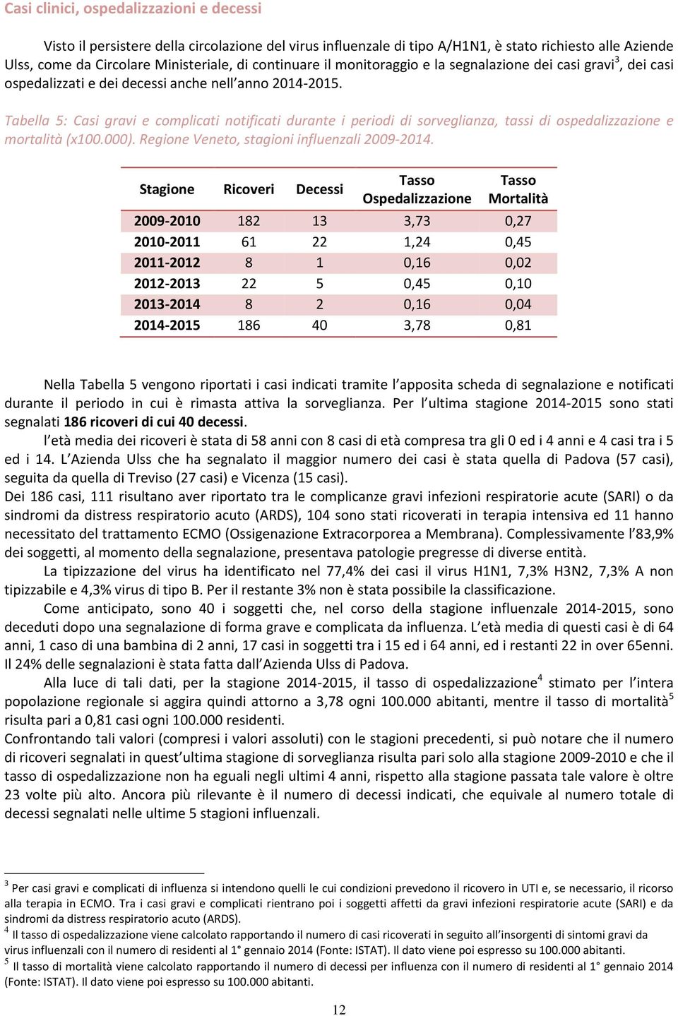 Tabella 5: Casi gravi e complicati notificati durante i periodi di sorveglianza, tassi di ospedalizzazione e mortalità (x100.000). Regione Veneto, stagioni influenzali 2009-2014.