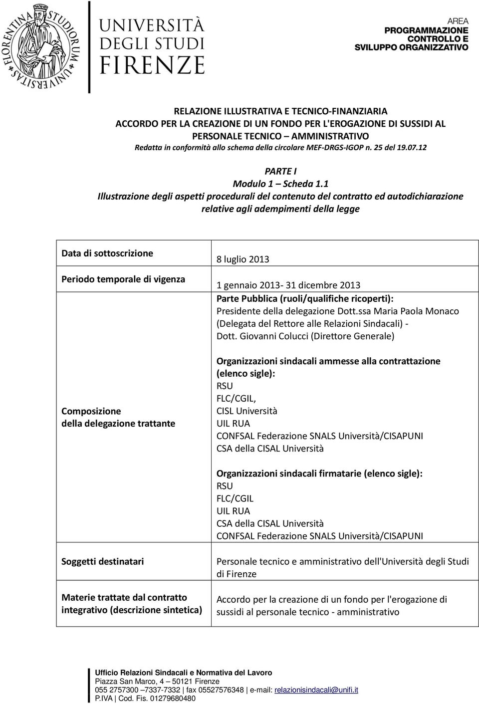 1 Illustrazione degli aspetti procedurali del contenuto del contratto ed autodichiarazione relative agli adempimenti della legge Data di sottoscrizione Periodo temporale di vigenza Composizione della