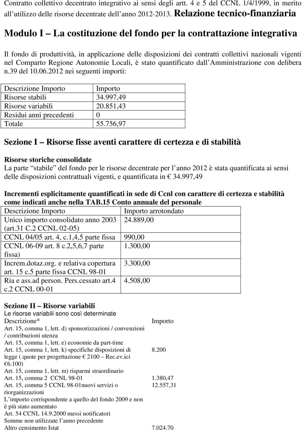 vigenti nel Comparto Regione Autonomie Locali, è stato quantificato dall Amministrazione con delibera n.39 del 10.06.2012 nei seguenti importi: Descrizione Risorse stabili 34.