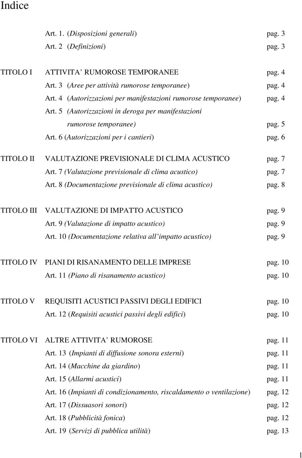 7 (Valutazione previsionale di clima acustico) pag. 7 Art. 8 (Documentazione previsionale di clima acustico) pag. 8 TITOLO III VALUTAZIONE DI IMPATTO ACUSTICO pag. 9 Art.