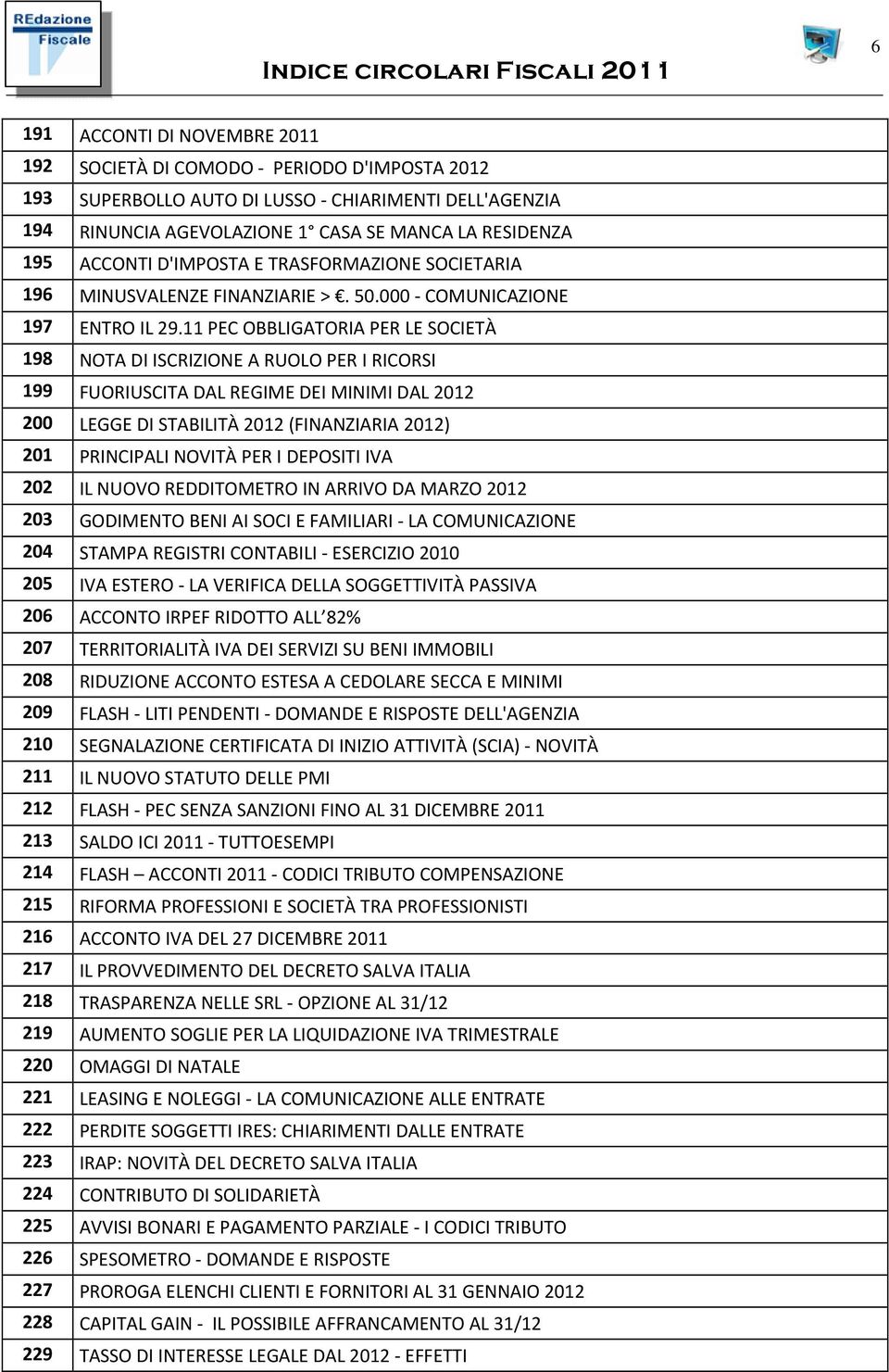 11 PEC OBBLIGATORIA PER LE SOCIETÀ 198 NOTA DI ISCRIZIONE A RUOLO PER I RICORSI 199 FUORIUSCITA DAL REGIME DEI MINIMI DAL 2012 200 LEGGE DI STABILITÀ 2012 (FINANZIARIA 2012) 201 PRINCIPALI NOVITÀ PER