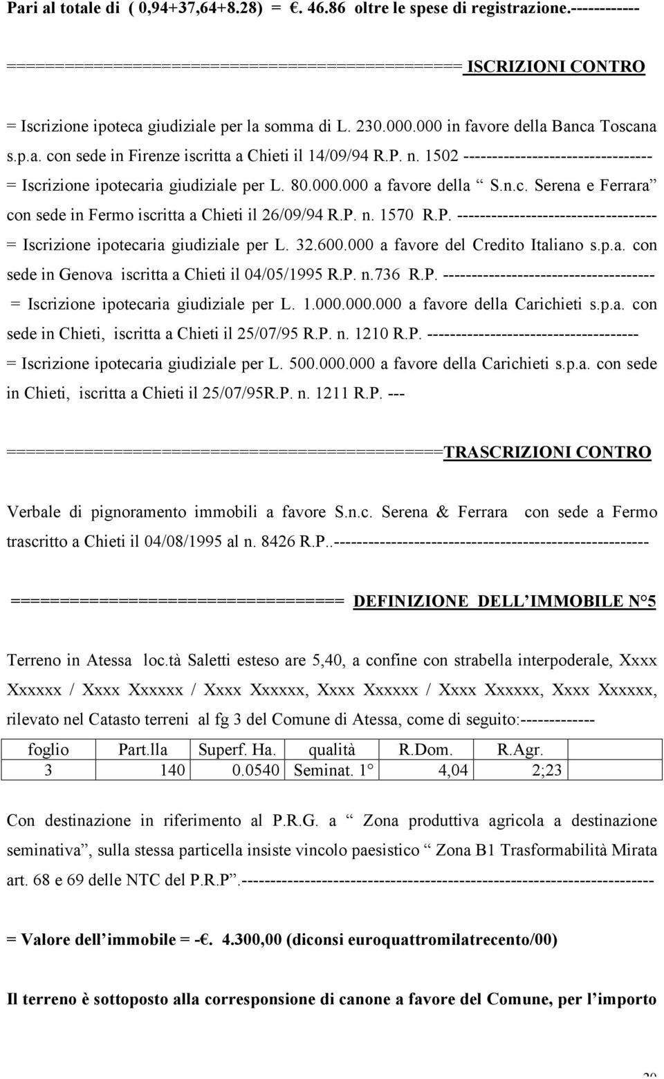 P. n. 1502 --------------------------------- = Iscrizione ipotecaria giudiziale per L. 80.000.000 a favore della S.n.c. Serena e Ferrara con sede in Fermo iscritta a Chieti il 26/09/94 R.P. n. 1570 R.