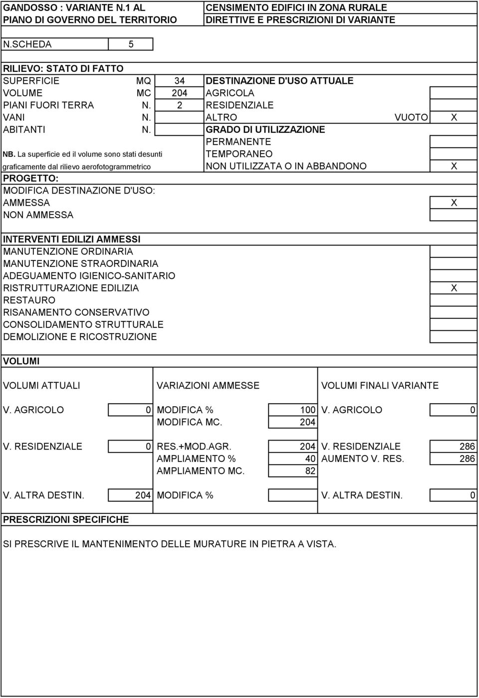 La superficie ed il volume sono stati desunti TEMPORANEO graficamente dal rilievo aerofotogrammetrico NON UTILIZZATA O IN ABBANDONO PROGETTO: MODIFICA DESTINAZIONE D'USO: AMMESSA NON AMMESSA