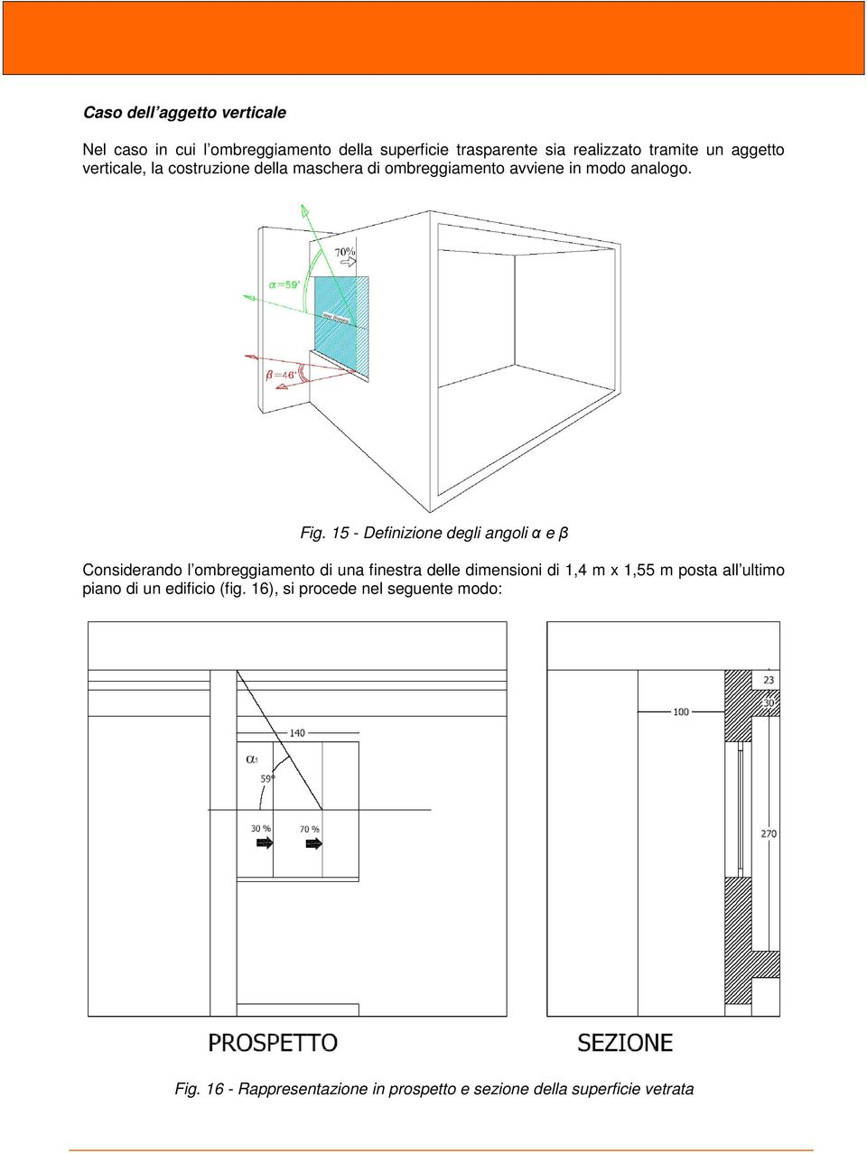 15 - Definizione degli angoli α e β Considerando l ombreggiamento di una finestra delle dimensioni di 1,4 m x 1,55 m
