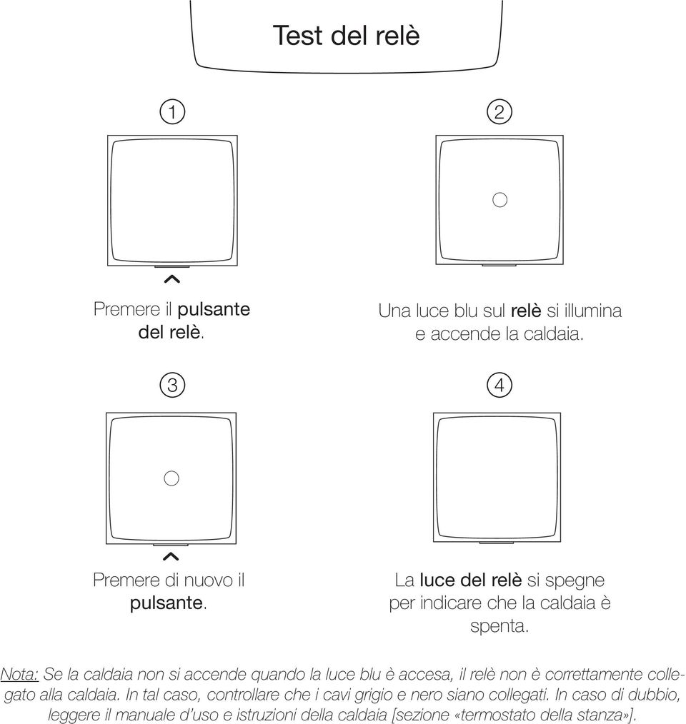 Nota: Se la caldaia non si accende quando la luce blu è accesa, il relè non è correttamente collegato alla caldaia.