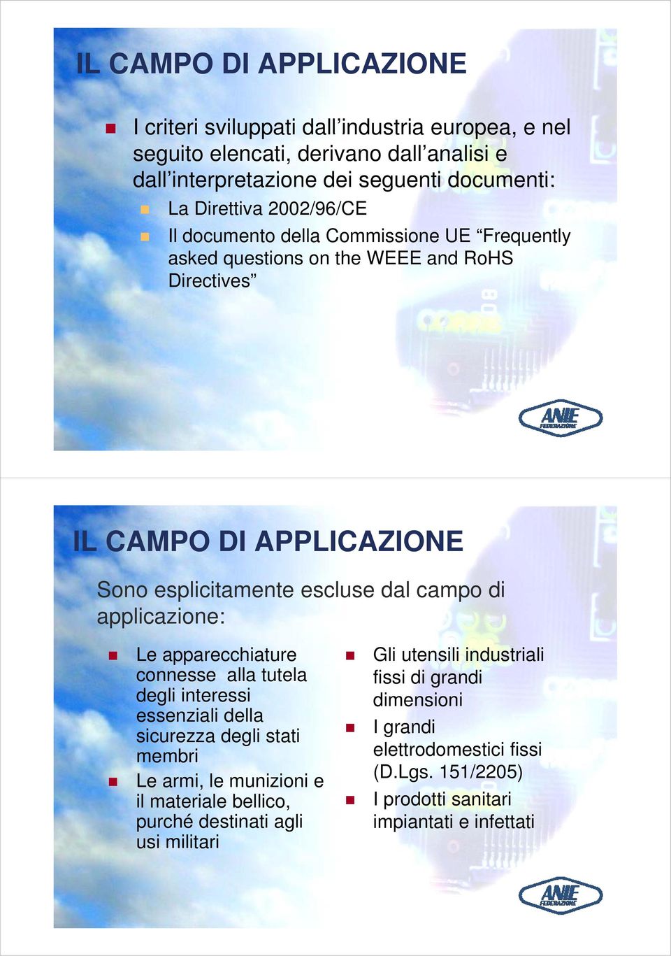 campo di applicazione: i Le apparecchiature Gli utensili industriali connesse alla tutela fissi di grandi degli interessi dimensioni essenziali della sicurezza degli stati