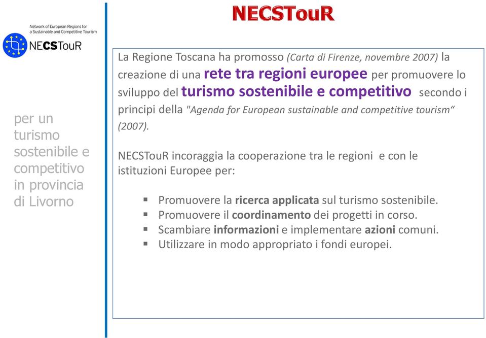 NECSTouR incoraggia la cooperazione tra le regioni e con le istituzioni Europee per: Promuovere la ricerca applicata sul