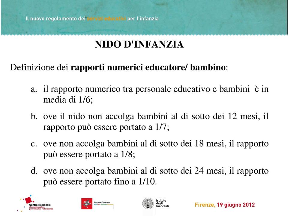 ove il nido non accolga bambini al di sotto dei 12 mesi, il rapporto può essere portato a 1/7; c.