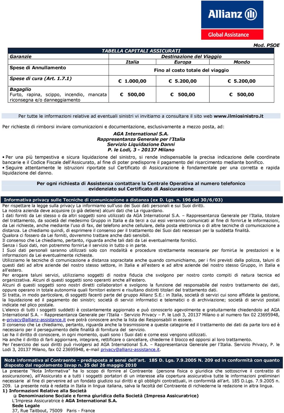 200,00 500,00 500,00 500,00 Avvertenza- Per tutte le informazioni relative ad eventuali sinistri vi invitiamo a consultare il sito web www.ilmiosinistro.