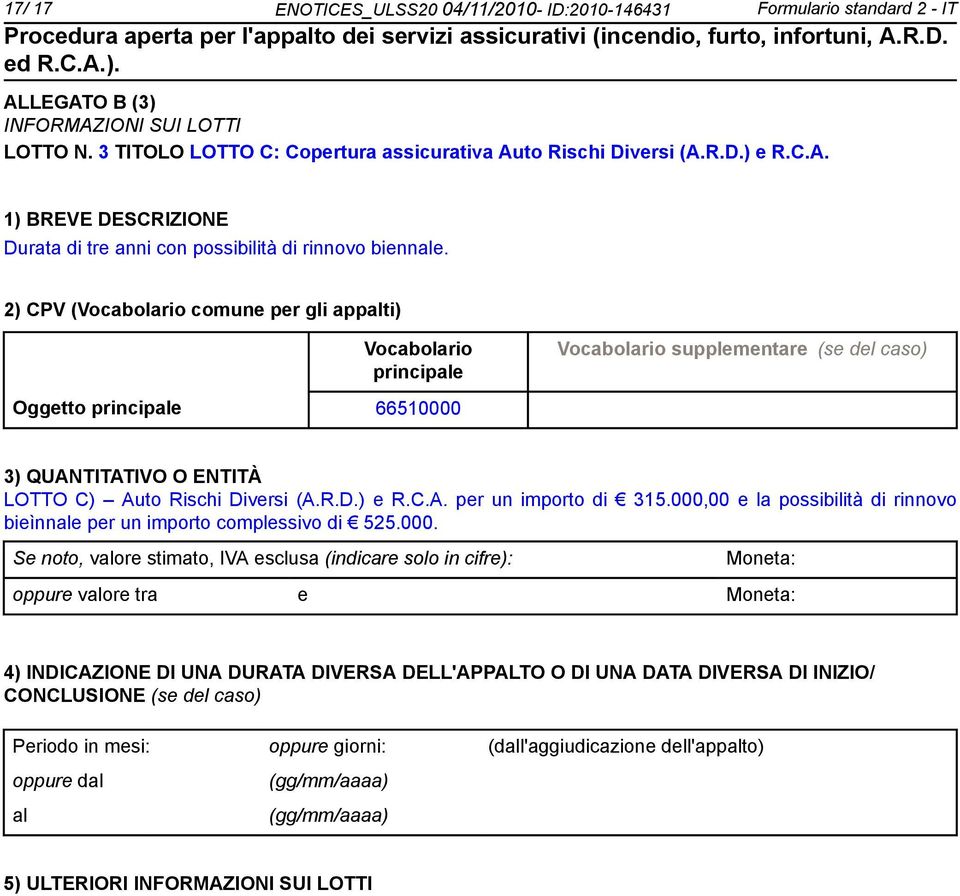 C.A. per un importo di 315.000,