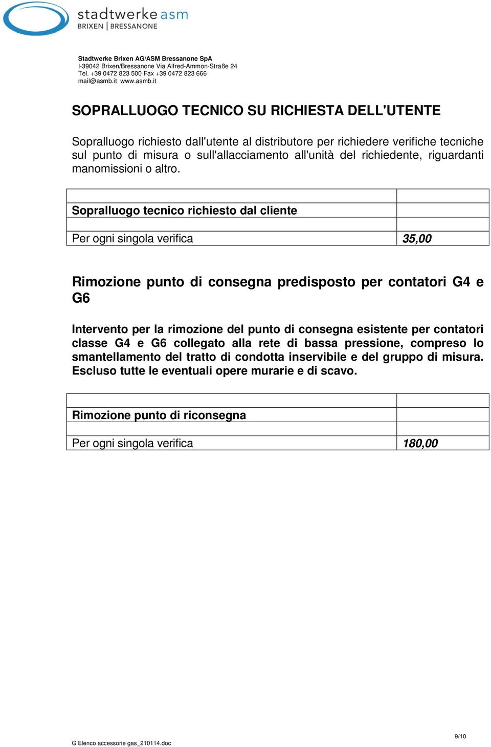 Sopralluogo tecnico richiesto dal cliente Per ogni singola verifica 35,00 Rimozione punto di consegna predisposto per contatori G4 e G6 Intervento per la rimozione del punto