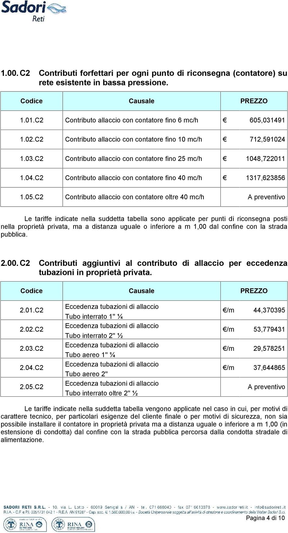 C2 Contributo allaccio con contatore oltre 40 mc/h A preventivo Le tariffe indicate nella suddetta tabella sono applicate per punti di riconsegna posti nella proprietà privata, ma a distanza uguale o