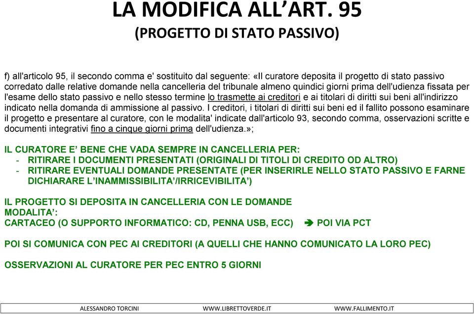 del tribunale almeno quindici giorni prima dell'udienza fissata per l'esame dello stato passivo e nello stesso termine lo trasmette ai creditori e ai titolari di diritti sui beni all'indirizzo