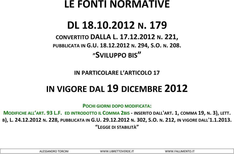 SVILUPPO BIS IN PARTICOLARE L ARTICOLO 17 IN VIGORE DAL 19 DICEMBRE 2012 POCHI GIORNI DOPO MODIFICATA: MODIFICHE